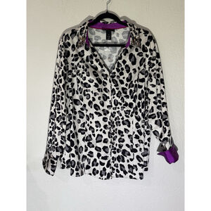 LANE BRYANT Leopard Print Blouse 22 Embellished Collar Button Front Purple Cuffs